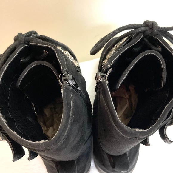 BLACK SUEDE ROUNDED TOE SIDE ZIP BUCKLE LACE UP ANKLE BOOTS WITH CRYSTAL DETAIL - Picture 10 of 16